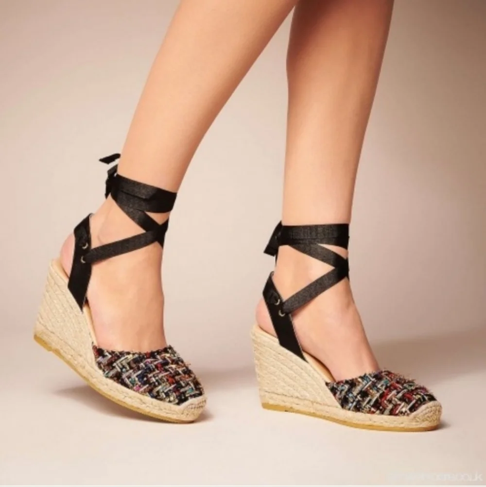 NEW! L.K. Bennett Tianna Black Tweed Espadrille Wedges Sz 37 7 Ankle Tie Preppy